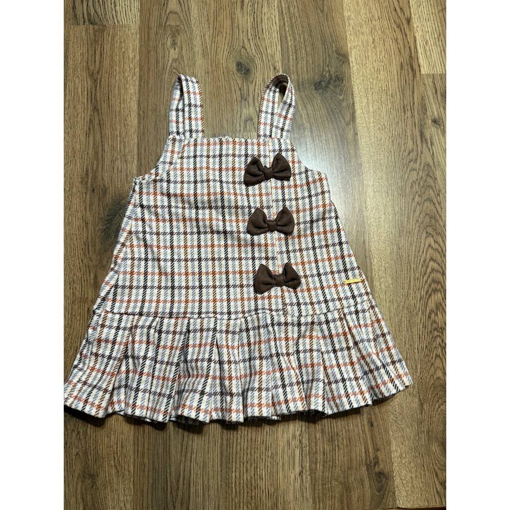 OshKosh B'gosh Dress Baby Girl Size 18M Brown Plaid Jumper Bow Detail